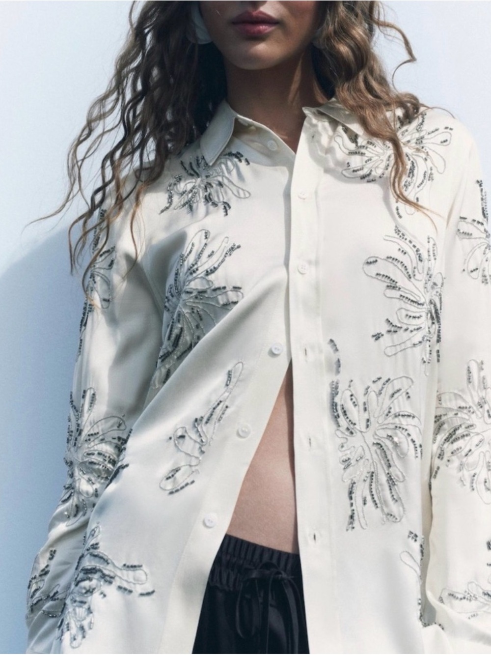 Zara Cream Beaded Floral Button-Down Shirt
